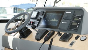 Command station with all equipment to hand. This 40DS has an Empirbus digital switching system, allowing all electrical functions to be controlled via the 12" Raymarine touch screen